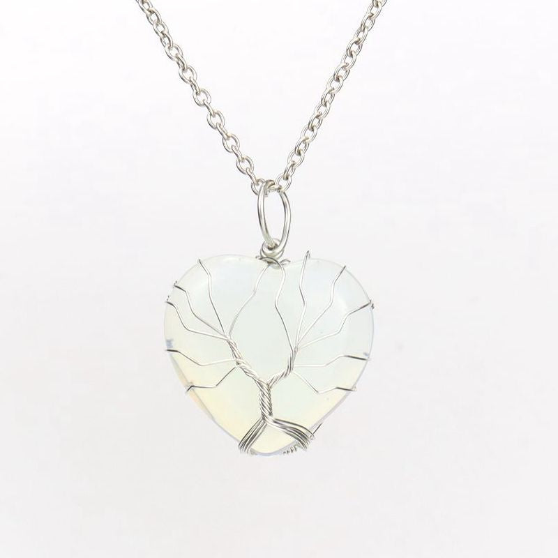 Wholesale Silver Hand-wound Heart Natural Stone Rose Quartz Tree of Life Necklace